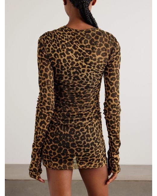 Saint Laurent Multicolor Leopard-Print Ruched Mesh Mini Dress