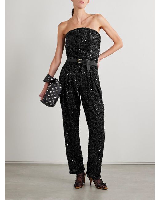 Isabel Marant Black Aviana Strapless Sequined Metallic Tulle Top