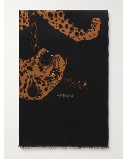 Saint Laurent Black Etolel-Leopard Frayed Printed Wool-Twill Scarf