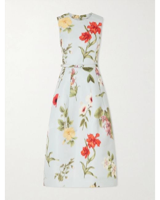 Oscar de la Renta White Belted Floral-Print Faille Midi Dress