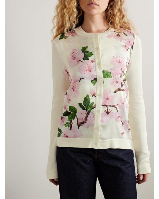 Oscar de la Renta Natural Paneled Knitted And Floral-Print Silk-Blend Twill Cardigan