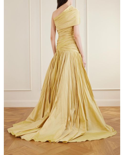 Marmar Halim Metallic One-Shoulder Draped Gathered Taffeta Gown