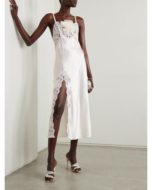 Rodarte White Embellished Lace-Trimmed Silk-Satin Midi Dress