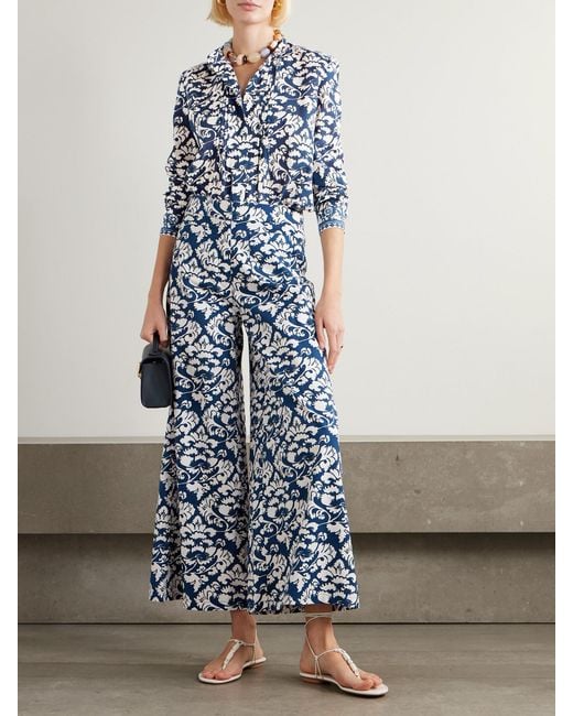 Emporio Sirenuse Blue Adele Lotus Floral-Print Cotton-Twill Wide-Leg Pants