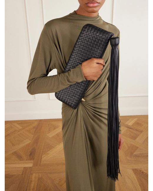 Bottega Veneta Metallic Serata Intrecciato Plume Tassel Leather Clutch