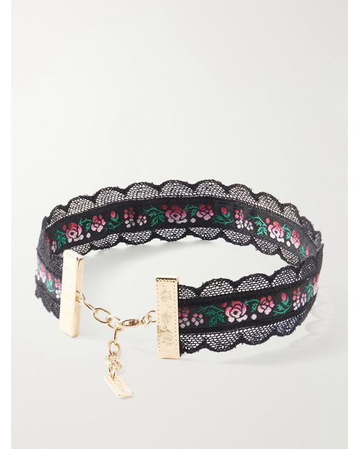 Chloé Black Ribbon Lace-Trimmed Floral-Jacquard-Tone Choker