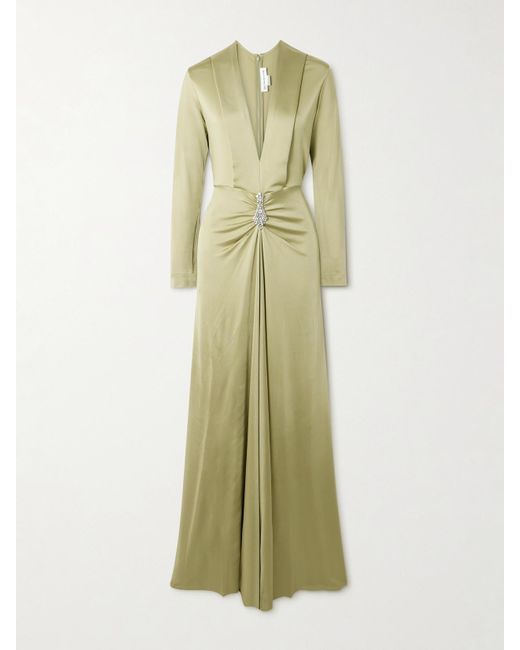 Victoria Beckham Green Crystal-Embellished Gathered Satin-Jersey Gown