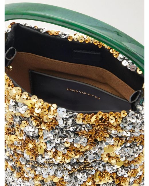 Dries Van Noten Black Leather-Trimmed Embellished Satin-Crepe Shoulder Bag