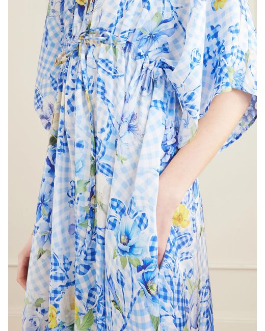 Mary Katrantzou Blue Taormina Checked Floral-Print Satin Kaftan