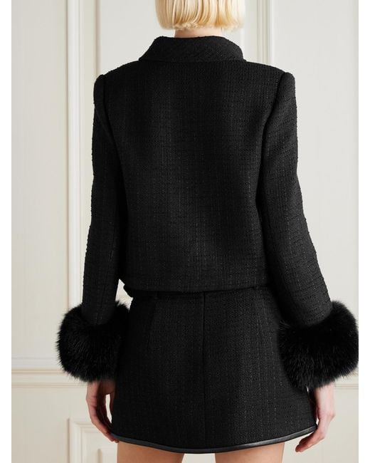 Self-Portrait Black Cropped Plush-Trimmed Bouclé-Tweed Jacket
