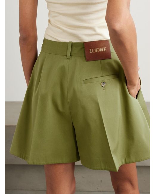 Loewe Green Pleated Cotton And Silk-Blend Sateen Shorts