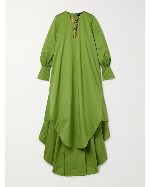 Oscar de la Renta Green Draped Embellished Cotton-Blend Taffeta Gown