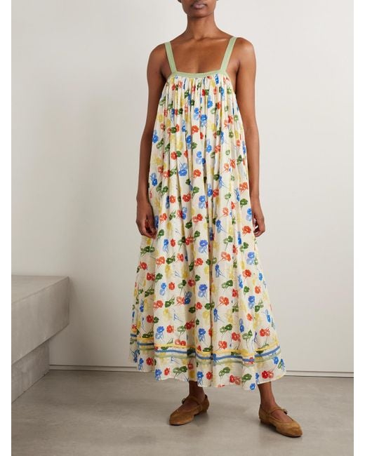 Bode White Gathered Floral-Print Cotton-Voile Maxi Dress