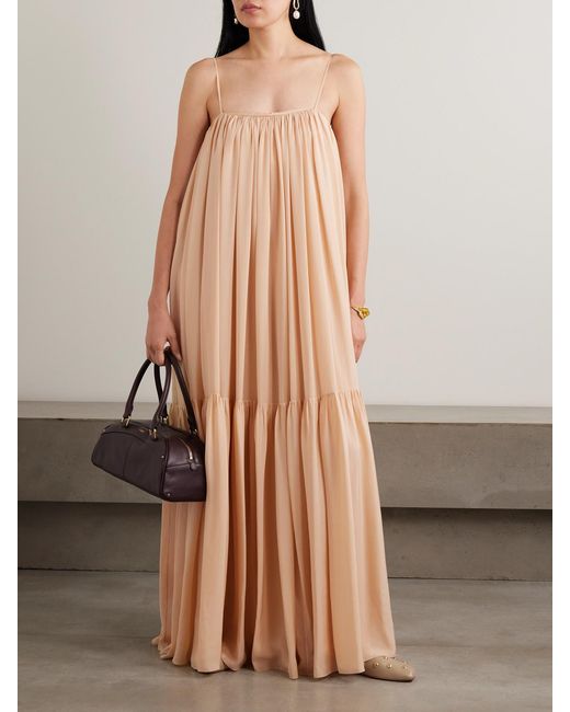 Chloé Natural Ruched Tiered Silk Maxi Dress