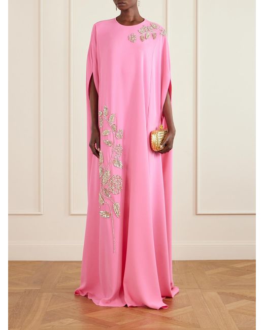 Oscar de la Renta Pink Cape-Effect Embellished Silk-Blend Gown
