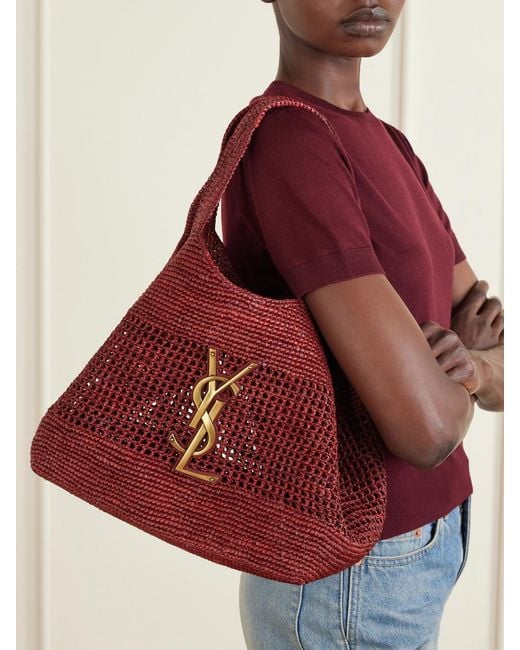 Saint Laurent Red Icare Maxi Leather-Trimmed Raffia Tote