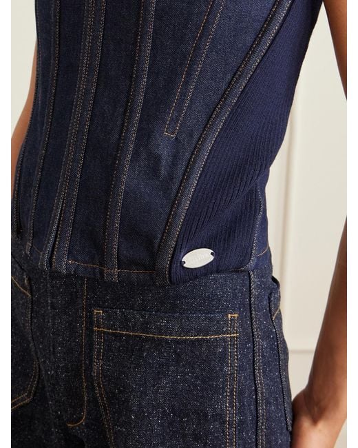 Jean Paul Gaultier Blue Ribbed Wool-Blend Trimmed Denim Corset Top