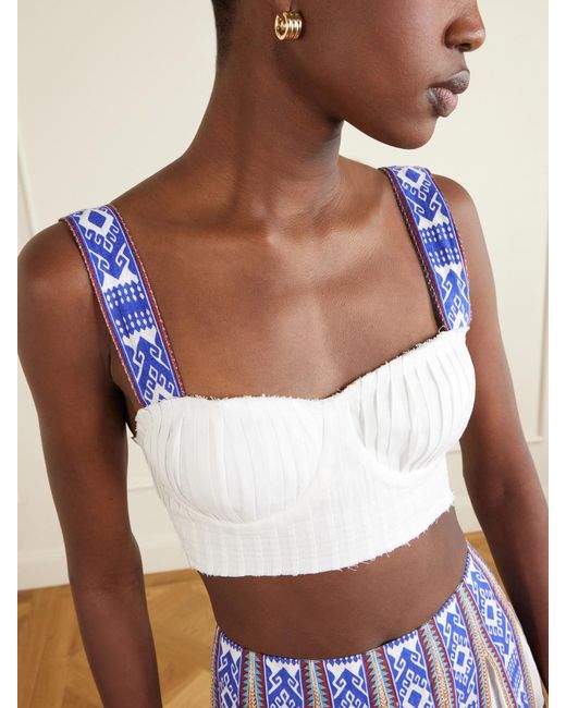Emporio Sirenuse White Dalia Pleated Printed Linen Cropped Top