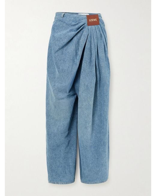 Loewe Blue Leather-Trimmed Draped Gathered High-Rise Wide-Leg Jeans