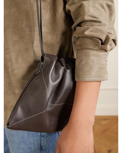 Brunello Cucinelli Brown Embellished Leather Shoulder Bag