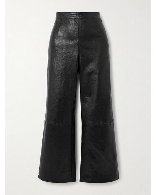 FRAME Black Crinkled Cropped High-Rise Wide-Leg Leather Pants