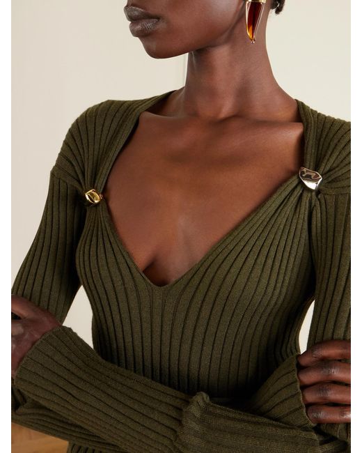Bottega Veneta Green Embellished Ribbed Cashmere And Silk-Blend Sweater