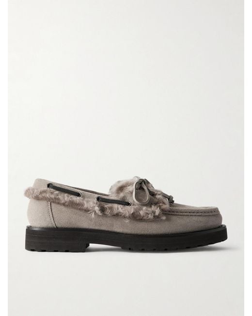 Brunello Cucinelli Brown Bead-Embellished Shearling-Trimmed Suede Loafers