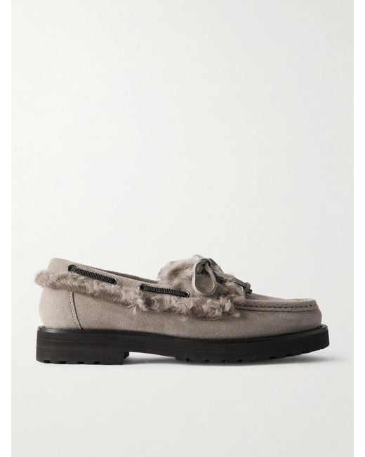 Brunello Cucinelli Brown Loafers Aus Veloursleder Mit Shearling-Besätzen Und Zierperlen