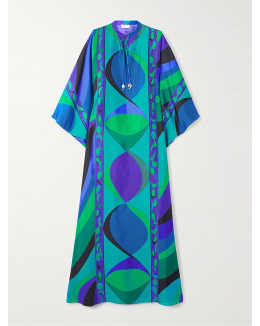 Emilio Pucci Blue Bedruckter Kaftan Aus Seiden-Twill Mit Verzierungen