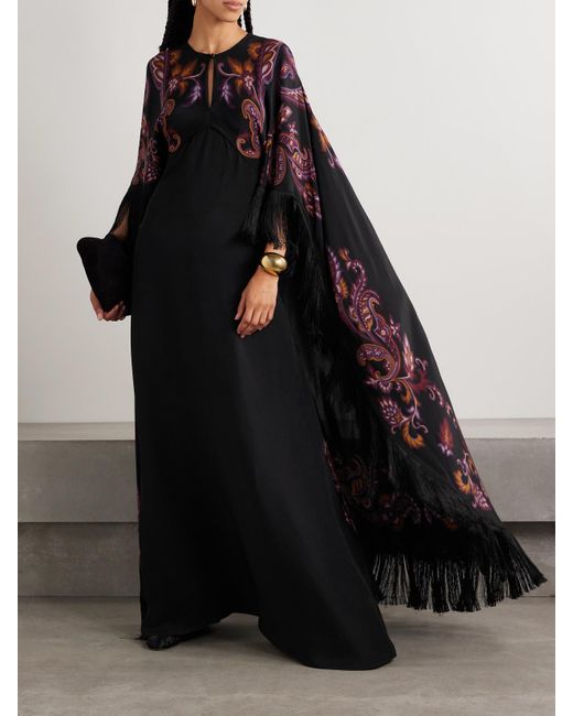 Robe Du Soir Effet Cape En Soie À Imprimé Cachemire Et À Franges Etro en coloris Black