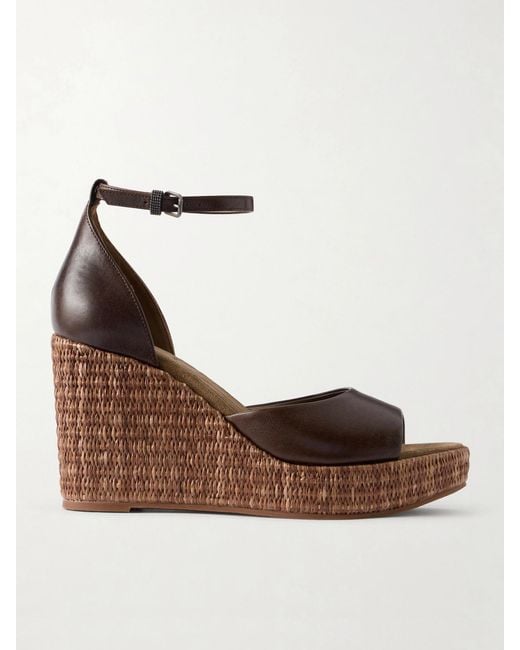 Brunello Cucinelli Brown Embellished Leather Platform Wedge Espadrille Sandals