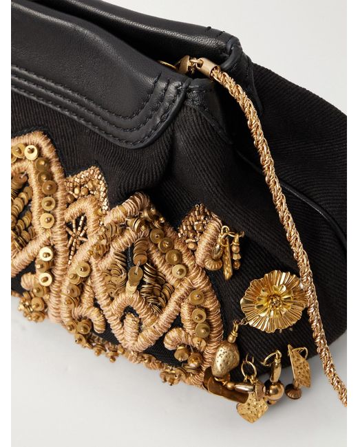 Dries Van Noten Black Bead-Embellished Embroidered Leather-Trimmed Cotton-Twill Clutch