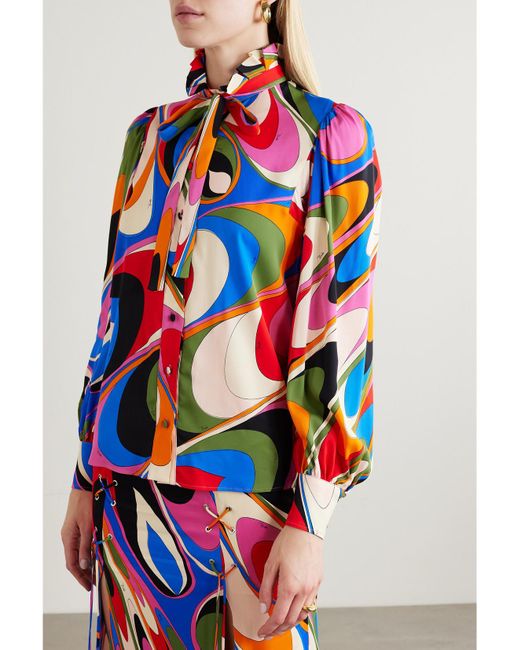 Emilio Pucci Blue Pussy-Bow Printed Crepe Blouse