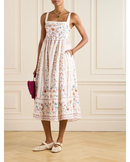 Agua Bendita Natural Barbara Midikleid Aus Leinen Mit Blumenprint, Zierperlen Und Falten