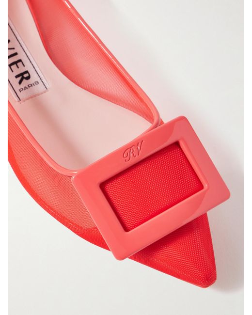 Roger Vivier Red Gommettine Buckled Patent Leather-Trimmed Mesh Ballet Flats
