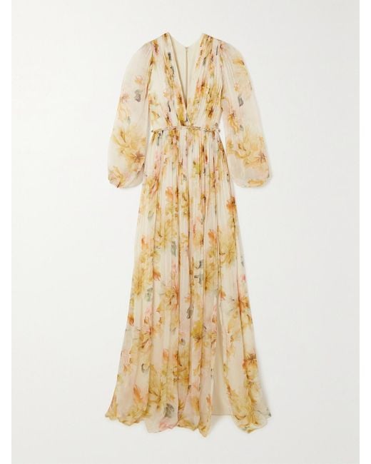 Costarellos Metallic Gianna Floral-Print Ruched Pleated Georgette Gown