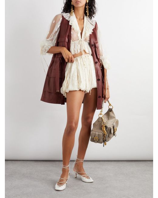 Chloé Natural Cropped Ruffled Embroidered Mesh Blouse