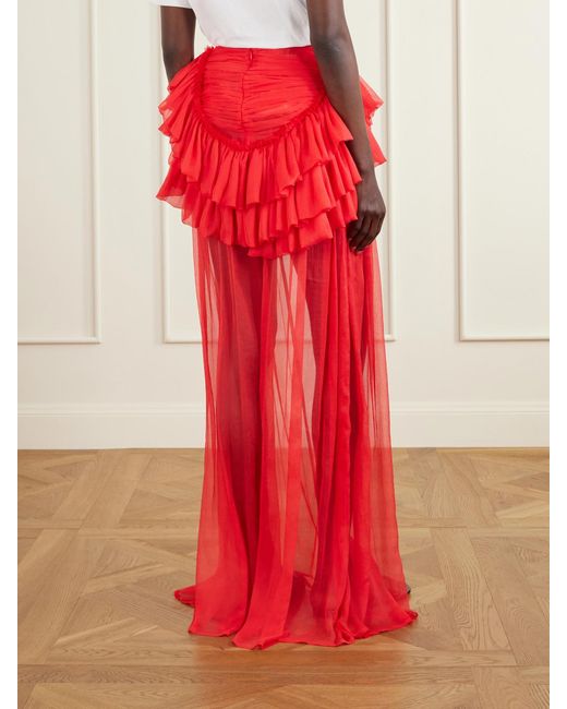Dries Van Noten Red Shelby Ruffled Silk-Chiffon Maxi Skirt