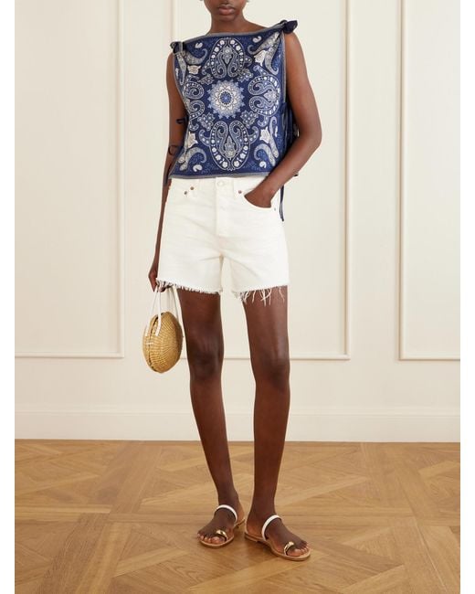 Sea Blue Emilina Knotted Printed Linen And Cotton-Blend Tank