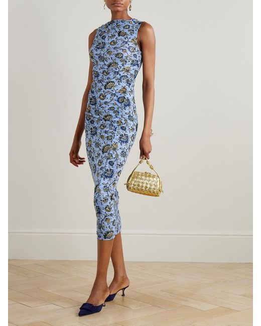 Veronica Beard Blue Sylviani Ruched Floral-Print Stretch-Tulle Midi Dress