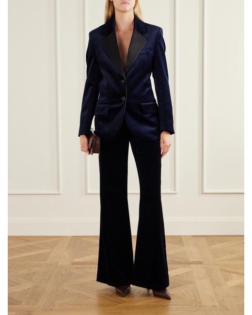 Victoria Beckham Blue Alina Satin-Trimmed Cotton-Blend Velvet Flared Pants