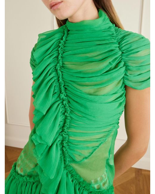 Dries Van Noten Green Ruffled Silk-Chiffon Blouse