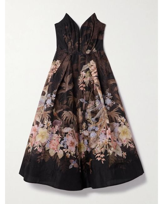 Zimmermann Black Illuminate Strapless Floral-Print Linen And Silk-Blend Midi Dress