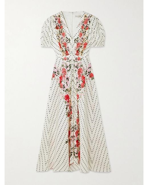Saloni White Lea Polka-Dot Floral-Print Silk-Jacquard Midi Dress