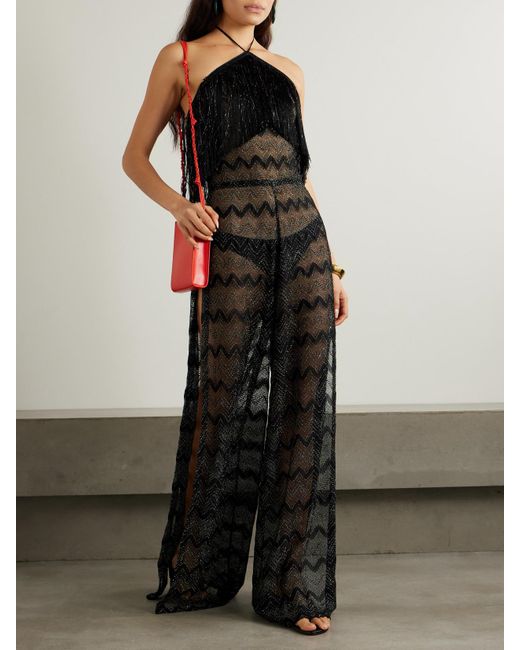 Missoni Black Mare Neckholder-Jumpsuit Aus Metallic-Häkelstrick Mit Fransen
