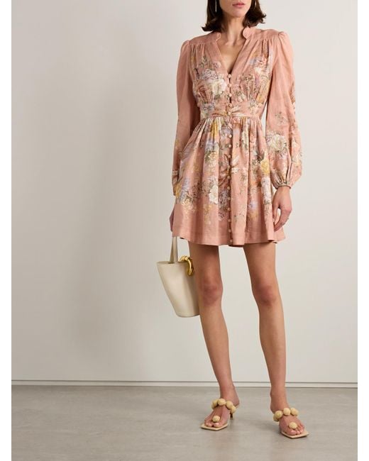 Zimmermann Pink Tallow Minikleid Aus Leinen Mit Blumenprint Und Falten