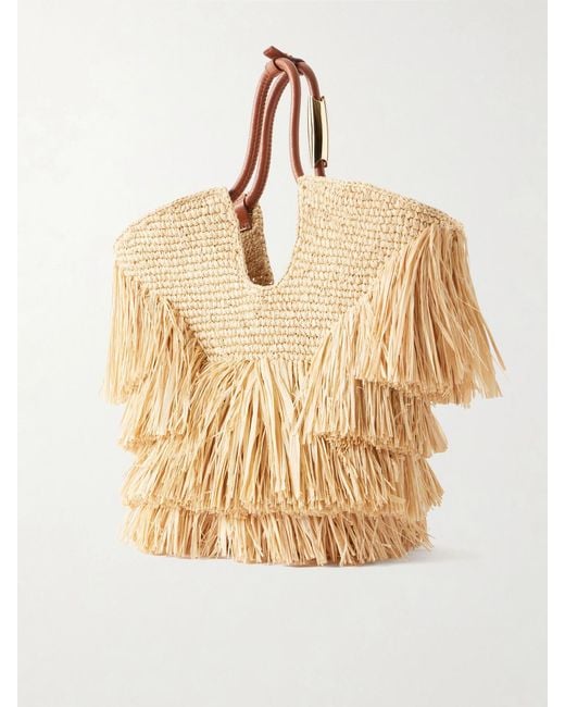 Zimmermann Natural Goldentime Small Leather-Trimmed Fringed Raffia Tote