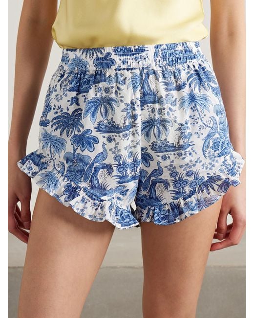 Staud Blue Boyana Ruffled Gathered Cotton-Voile Shorts