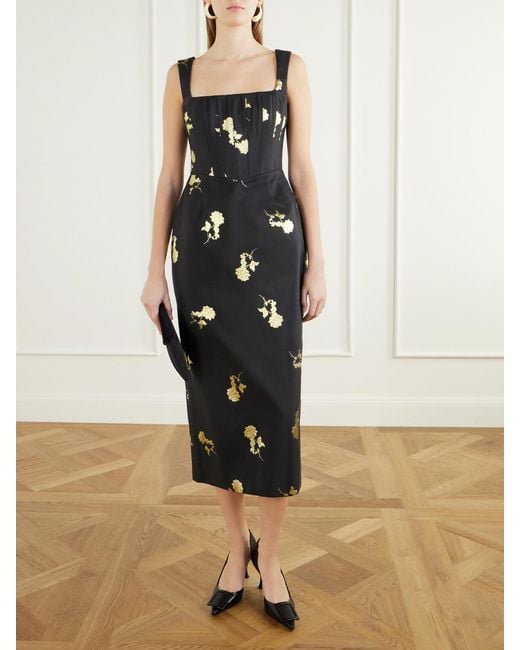 Rebecca Vallance Black Mariya Floral-Embroidered Bustier Midi Dress