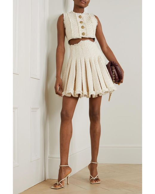 Balmain Natural Frayed Pleated Cotton-Blend Tweed Mini Skirt